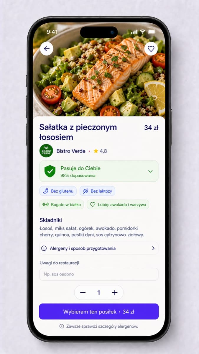 Szczegóły dania z oznaczeniami alergenów i dopasowania