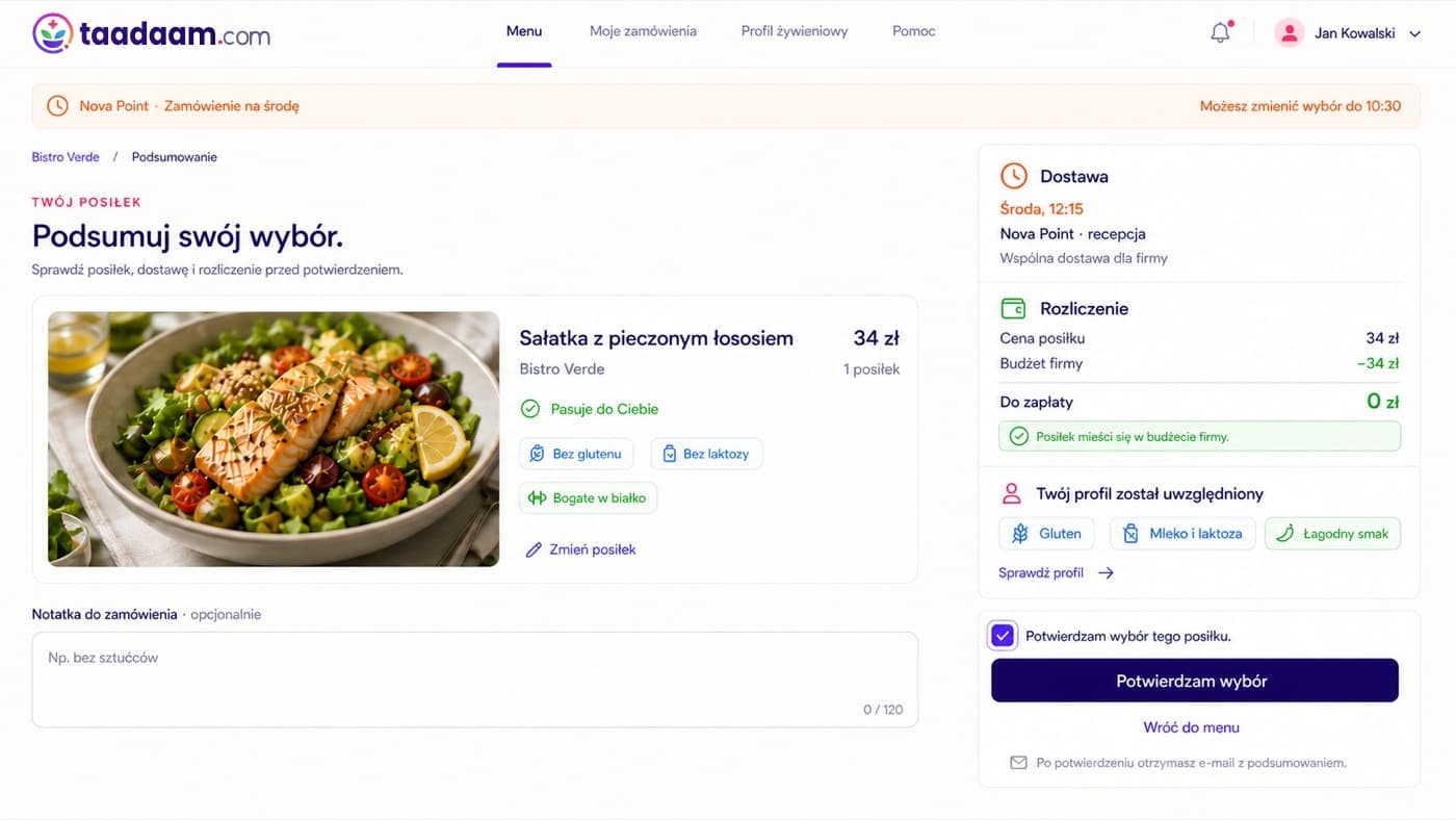 Podsumowanie zamówienia w taadaam.com z wybranym posiłkiem